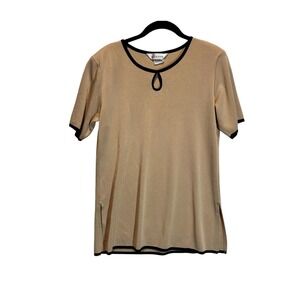 Vintage Misook Knit Top Womens M Tan Black Trim SS Keyhole Neck Minimalist Korea